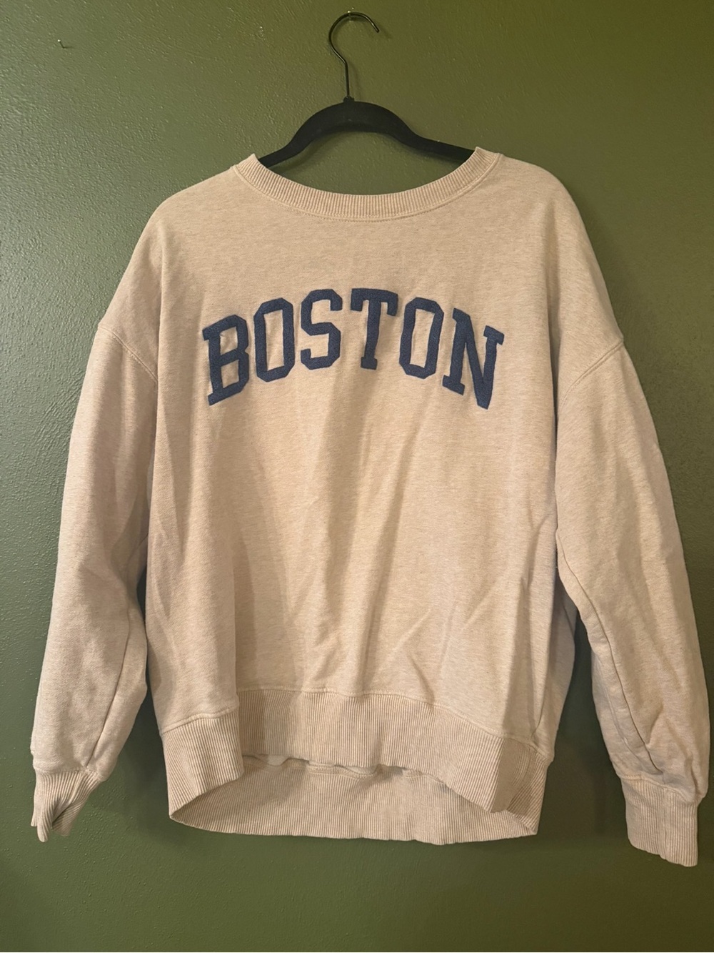 American Eagle Outfitters Cream Crew Sweatshirt with Navy Boston Logo